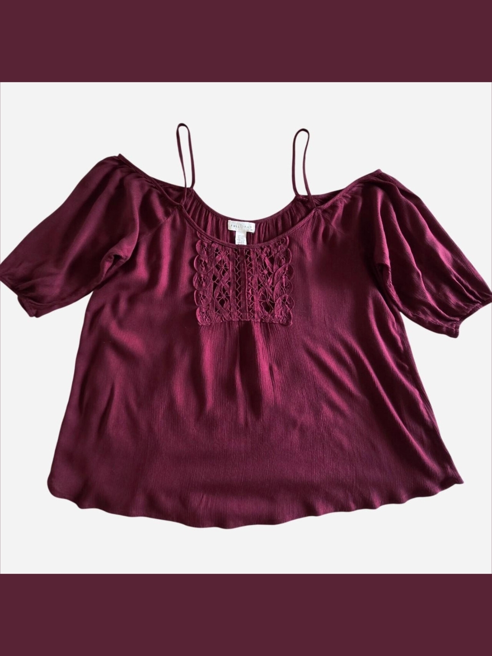 Full Tilt Cold Shoulder Boho Blouse Crochet Spaghetti Straps  Burgundy Size M